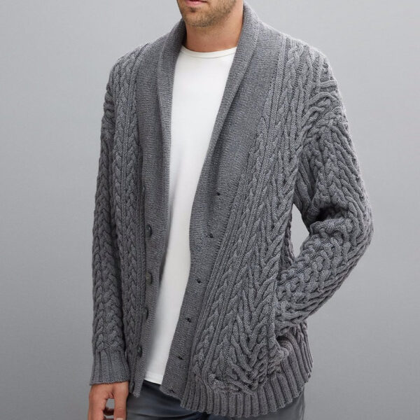 Man wearing grey shawl neck knitted cardigan