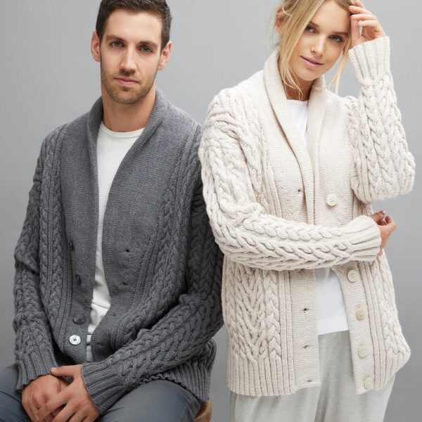 Ladies' and mens' shawl neck long knitted cardigans